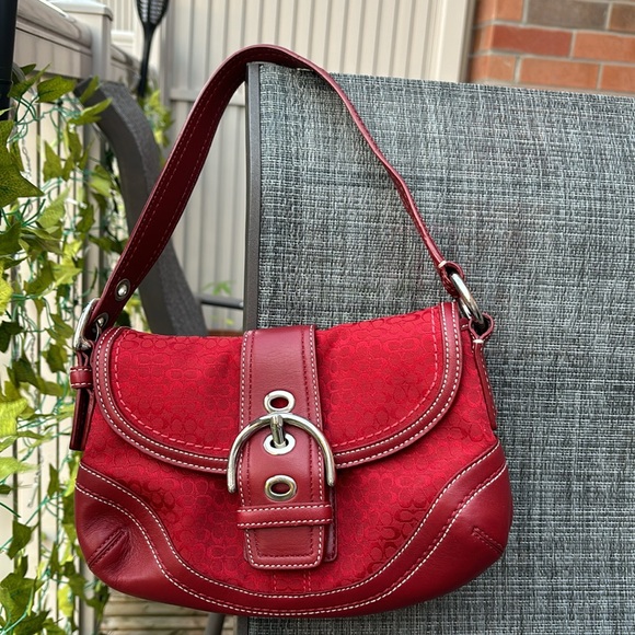 Coach Handbags - RARE Coach Y2K Red Signature Soho Logo Canvas Leather Buckle Small Shoulder Bag